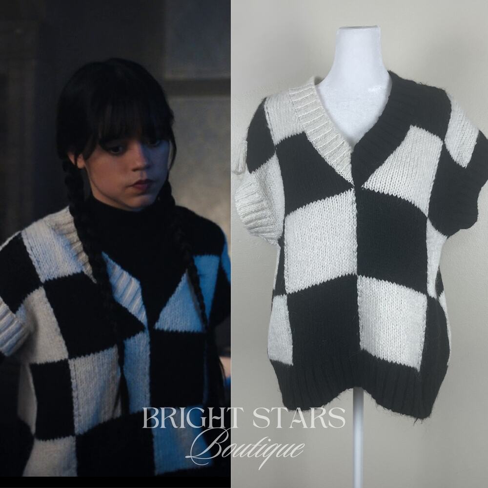 Rare Checkerboard Sweater Vest ASO Wednesday Addams Black White Cosplay